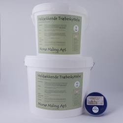 På billedet ser du to hvide plastspande med etiketter, der markedsfører et produkt kaldet 
