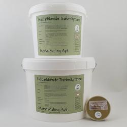 På billedet ser du to hvide plastikspande med grønne etiketter, der angiver produktinformation. De står stablet oven på hinanden. Spanden øverst viser tydeligt nummeret 