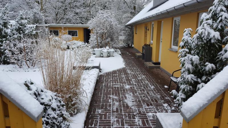 Hus og have med gul facade efter at have fået murmaling / facademaling fra Morsø Maling. 