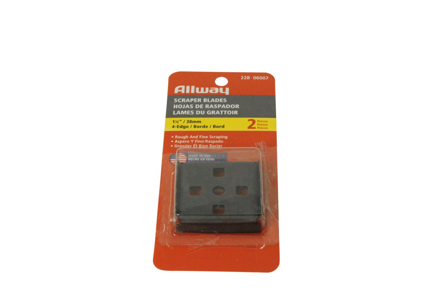 Et pakke med to skraberblade fra Allway. Blades er pakket i en gennemsigtig plastikforsegling på et orange og sort bagkort med produktinformation.