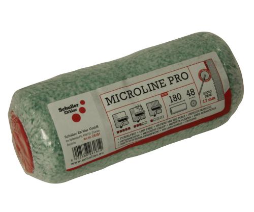 Et billede af en grøn mikrofiber malerrulle indpakket i plastik med et produktetiket, der markerer det som 'MICROLINE PRO' og angiver størrelsen og nogle af anvendelserne.