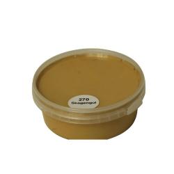 Billedet viser en rund farveprøve bøtte med maling i en ensartet, livlig og klar skagengul farve. Overfladen fremstår dækkende og jævn, hvilket giver et realistisk indtryk af farvens udtryk på malede overflader. Farveprøven anvendes til at vurdere nuance, dækkeevne og finish før valg af maling til større projekter. Den gule farve repræsenterer en af de farvenuancer, som findes i udvalget af træbeskyttelse.