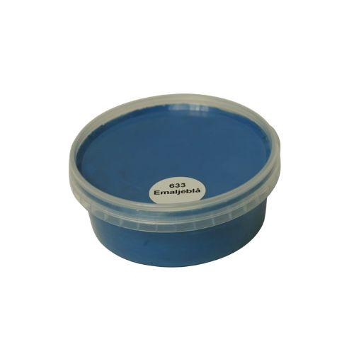 Billedet viser en rund farveprøve bøtte med træbeskyttelse i en rig emaljeblå farve. Overfladen fremstår jævn med en let halvblank finish, hvor lyset reflekteres diskret og giver et realistisk indtryk af farvens udtryk på træ. Farveprøven anvendes til at vurdere nuance, glans og dækkeevne før maling af større træoverflader. Den emaljeblå farve repræsenterer en af nuancerne i udvalget af heldækkende træbeskyttelse.