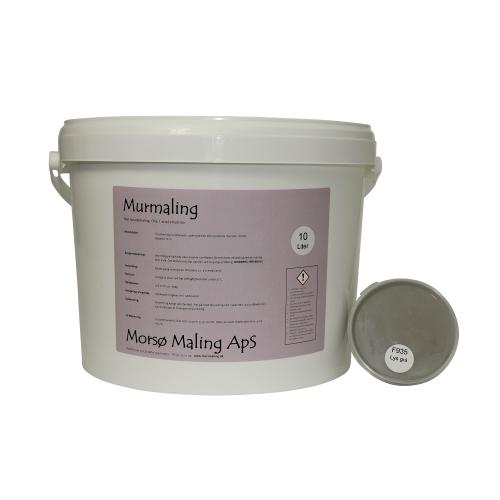 På billedet ser du en 10-liters plastikspand, som indeholder murmaling / facademaling til facader. Spanden er hvid med en stor, lilla etiket foran, der viser produktinformation. Teksten 