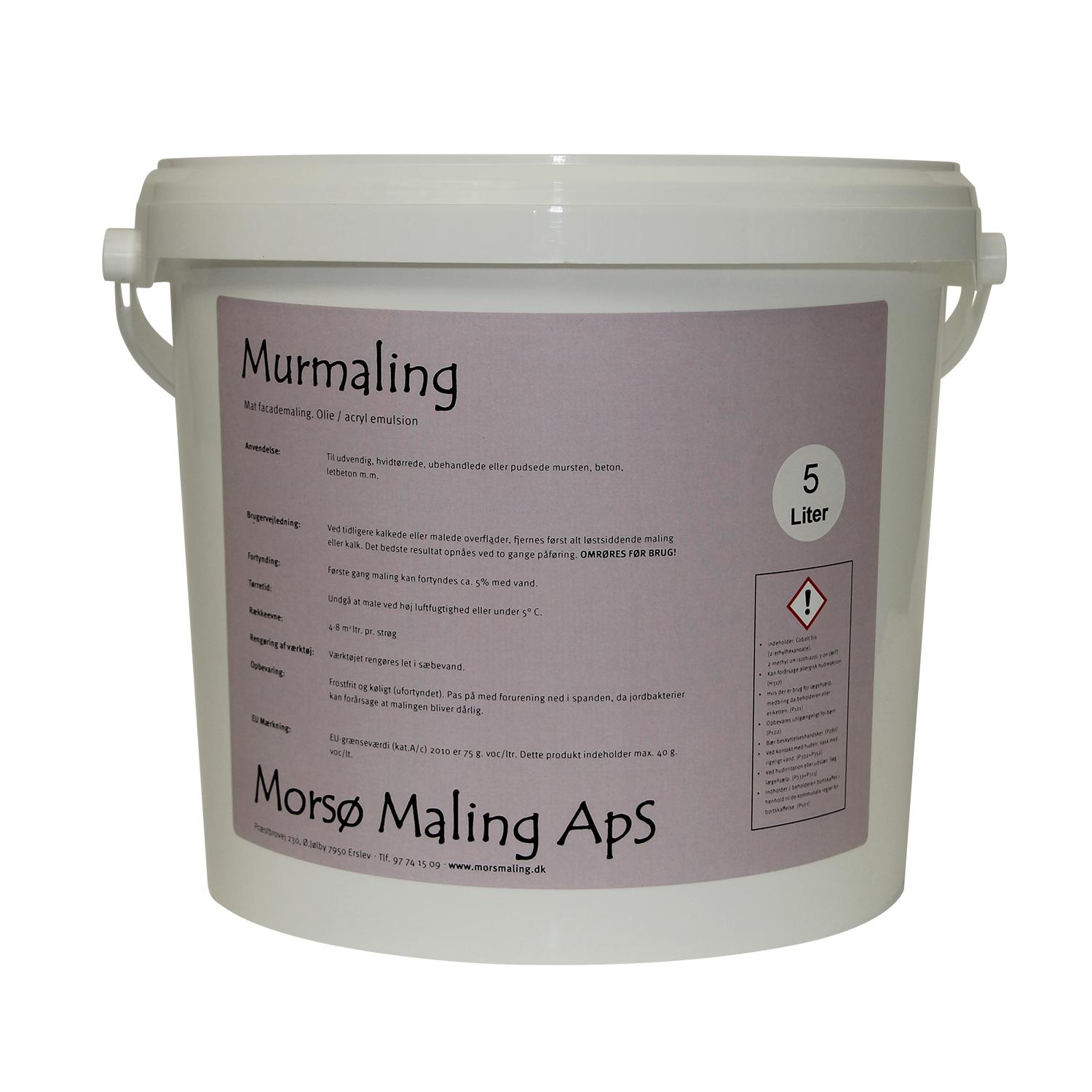 5 liters spand af Perlemor Morsø Maling murmaling med hvidt låg og etiket, velegnet til mure og betonoverflader.