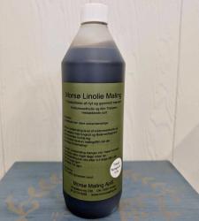 På billedet ser du en   linoliemaling, 1 liter i farven sort. Dunken svarer til 1 liter og har en rund har en mørk farve med en grøn etikette. Forgrunden og baggrunden er en ensfarvet lysere grå, hvilket giver et minimalistisk og professionelt udtryk. Den primære tekst angiver, at indholdet er 